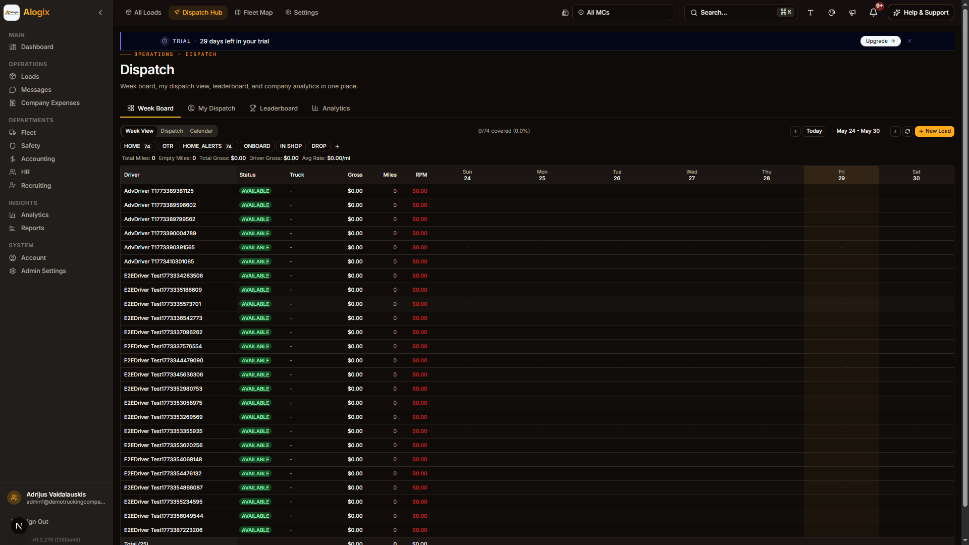 Dispatch board with weekly driver schedules