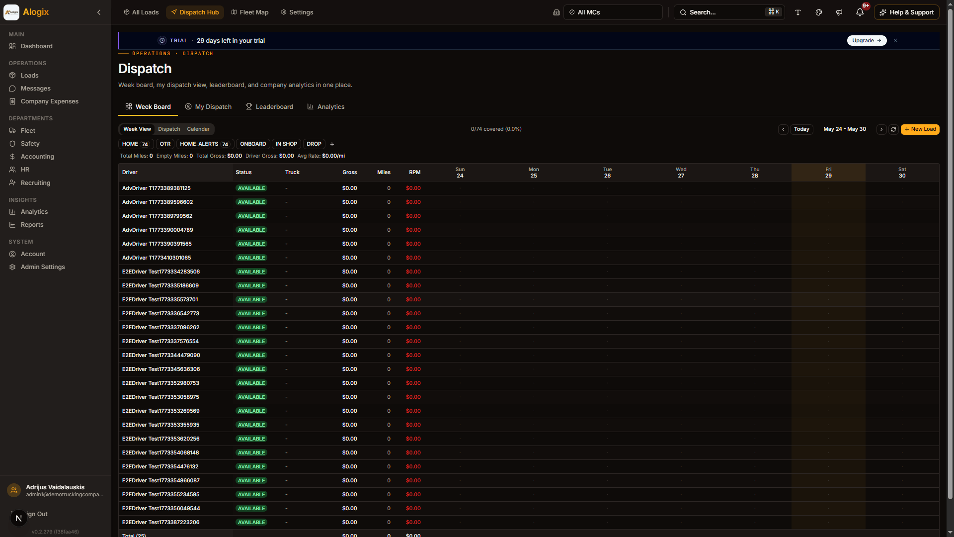 Dispatch board with weekly driver schedules